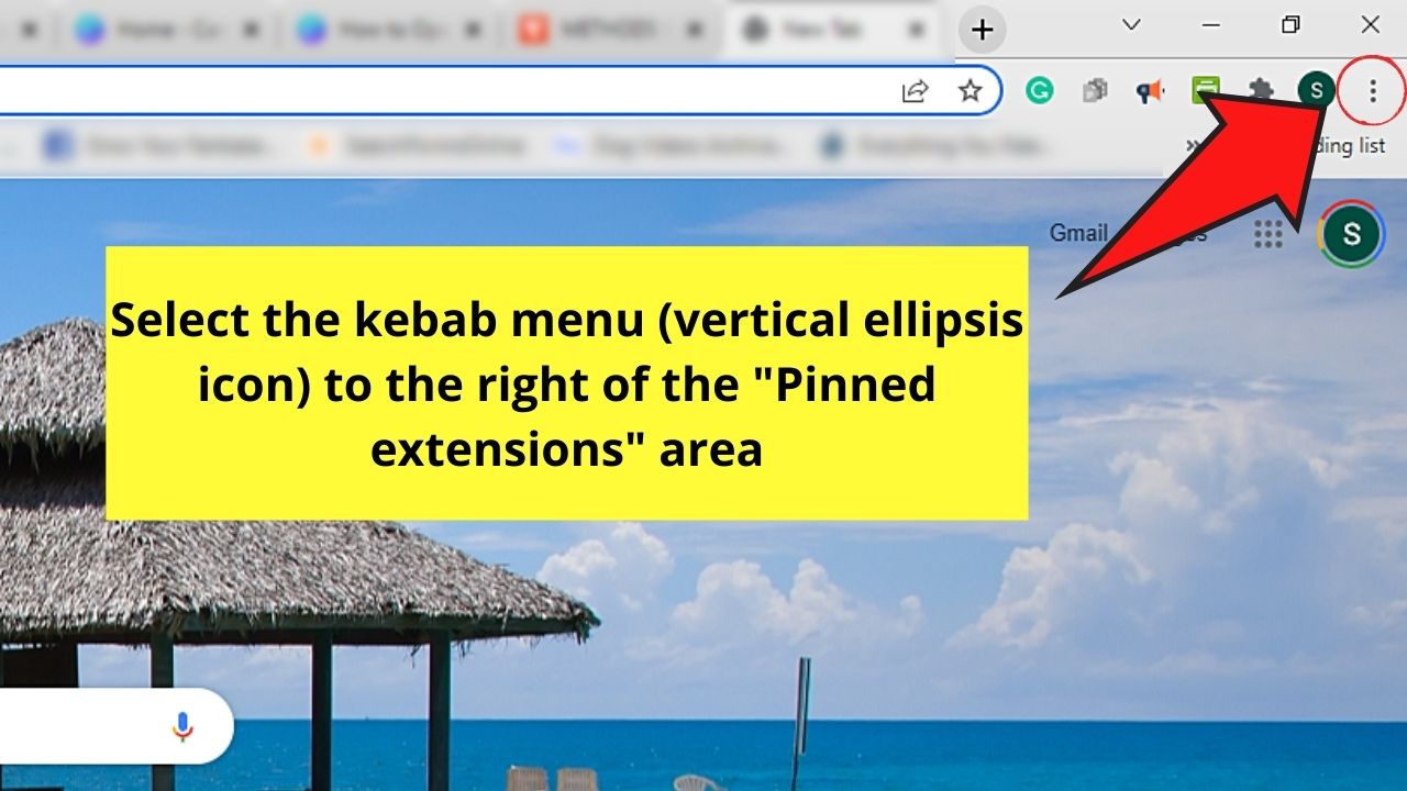 How to Open Extensions in Chrome from the Browser through the Kebab Menu Step 1