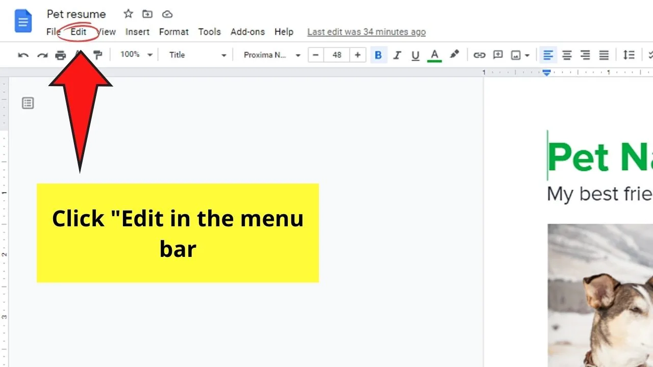 How to Replace a Word in Google Docs through the Edit Tab Step 1