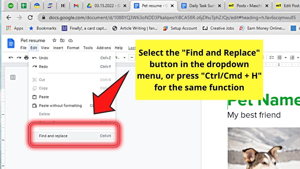 How to Replace a Word in Google Docs through the Edit Tab Step 2