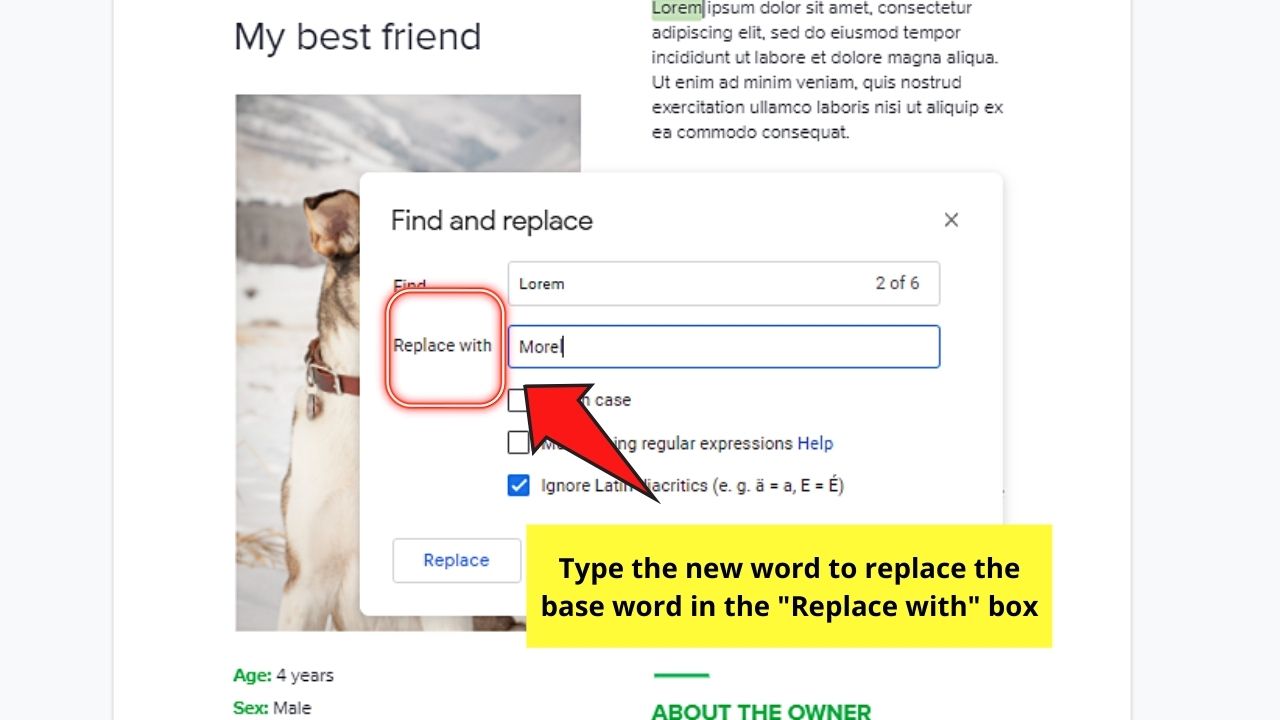 How to Replace a Word in Google Docs through the Edit Tab Step 3.2