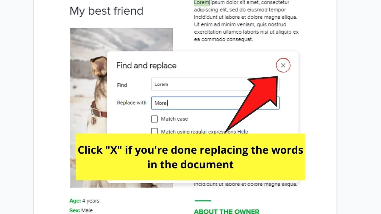 How to Replace a Word in Google Docs through the Edit Tab Step 6