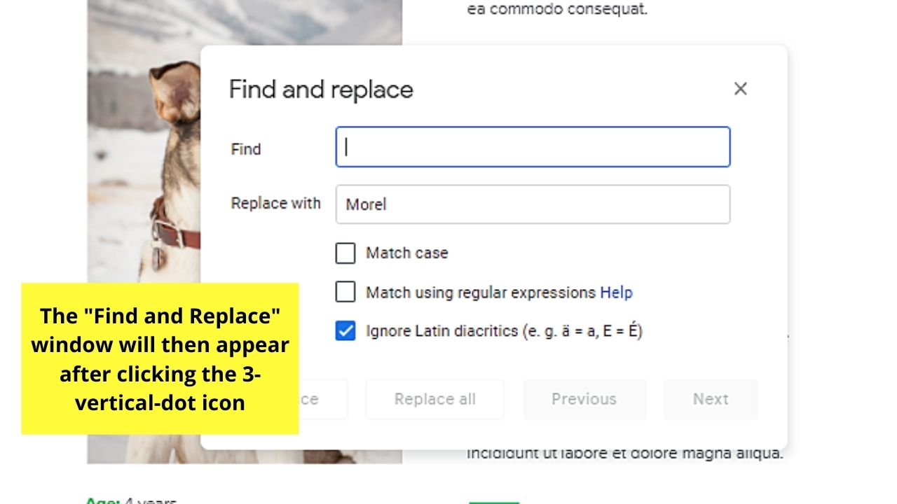 How to Replace a Word in Google Docs through the Find Menu Step 2.2