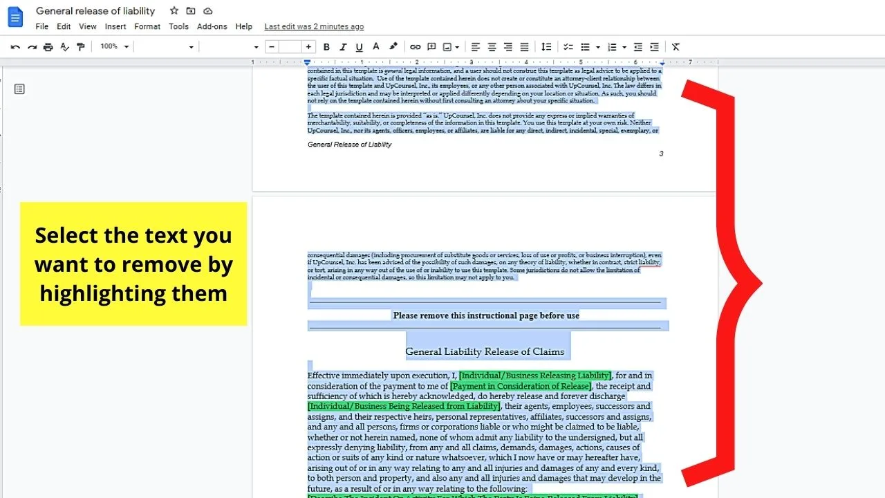 Removing a Page in Google Docs by Removing Unwanted Text Step 2