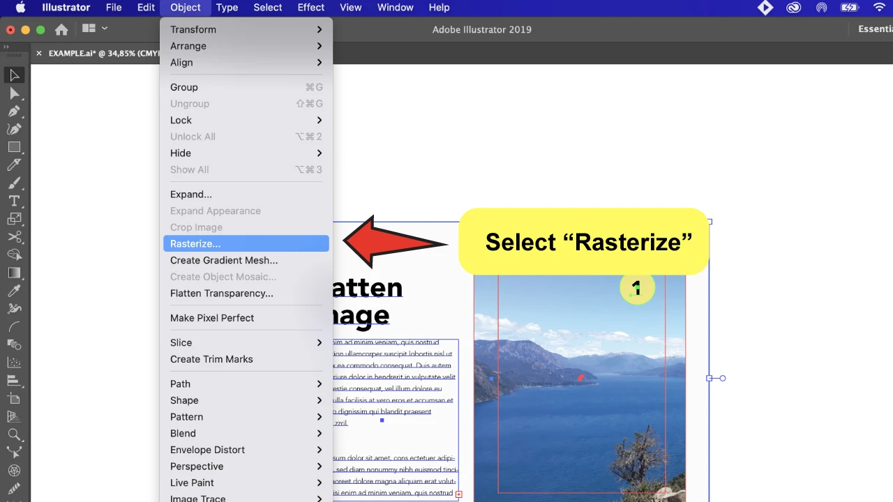 How to Flatten an Image in Illustrator Using Rasterize Step 2