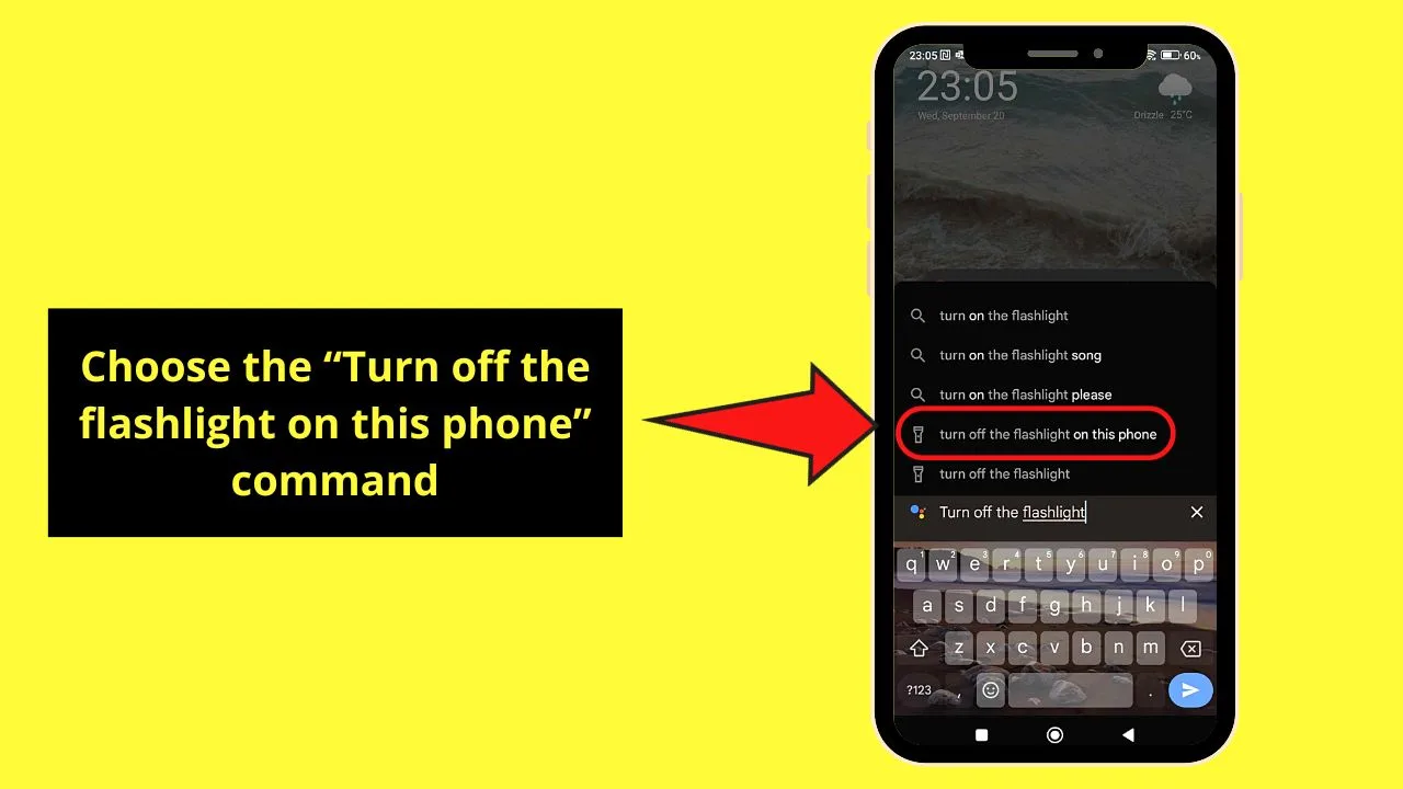 Telling Google Assistant to Turn Off Flashlight on Android Step 5