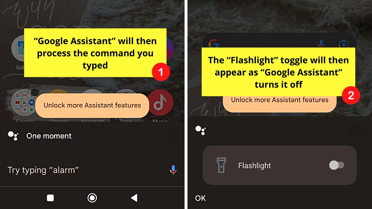 Telling Google Assistant to Turn Off Flashlight on Android Step 5
