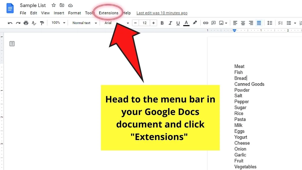How to Alphabetize a List in Google Docs by Installing Sorted Paragraphs Add-on Step 1