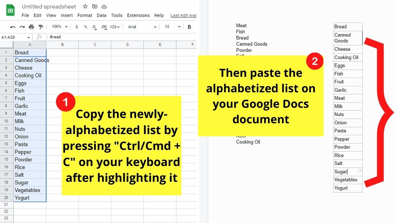 How to Alphabetize a List in Google Docs by Using Google Sheets Step 9