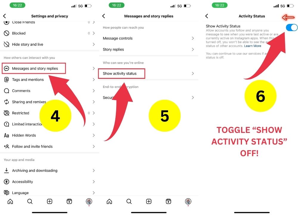 The image explains steps 4-6 to change to appear offline on Insta