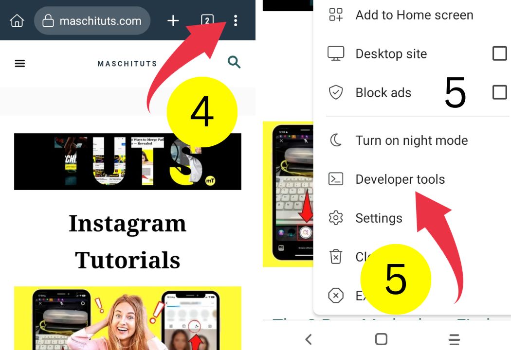 The image shows the last two steps to inspect an element on Android