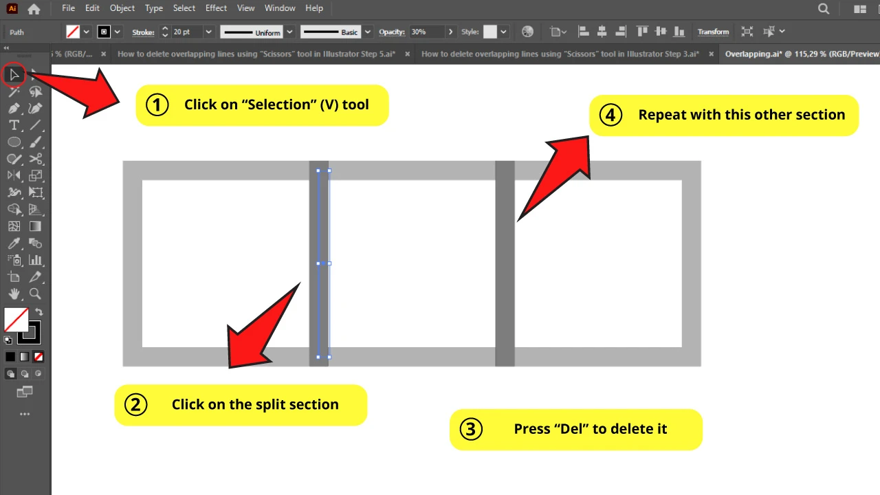 How-to-delete-overlapping-lines-using-“Scissors”-tool-in-Illustrator-Step-4