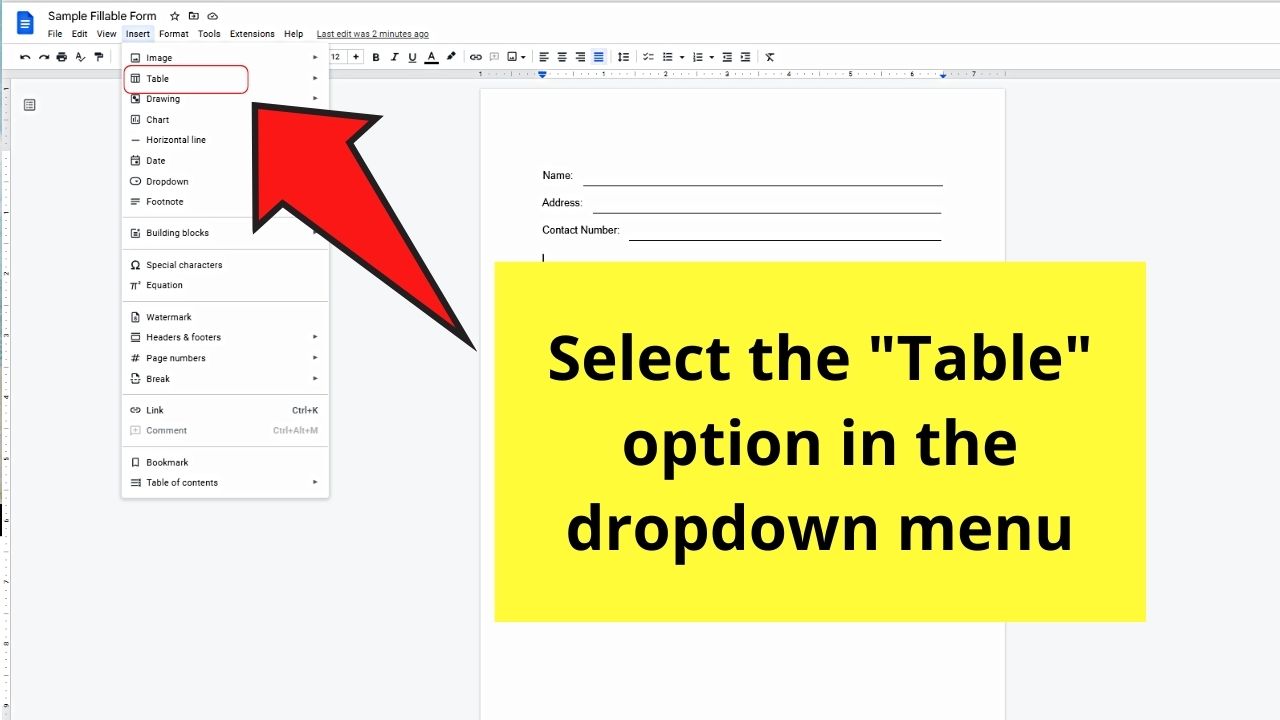 How to Create a Fillable Form in Google Docs by Adding Textboxes Step 2