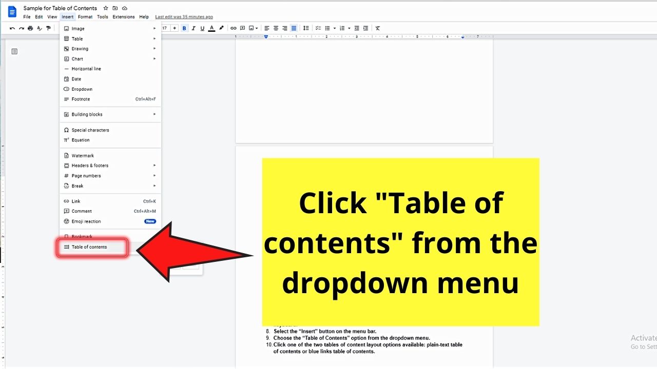 How to Create a Table of Contents with Page Numbers In Google Docs Step 4