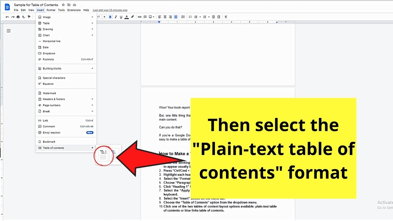 How to Create a Table of Contents with Page Numbers In Google Docs Step 5.1