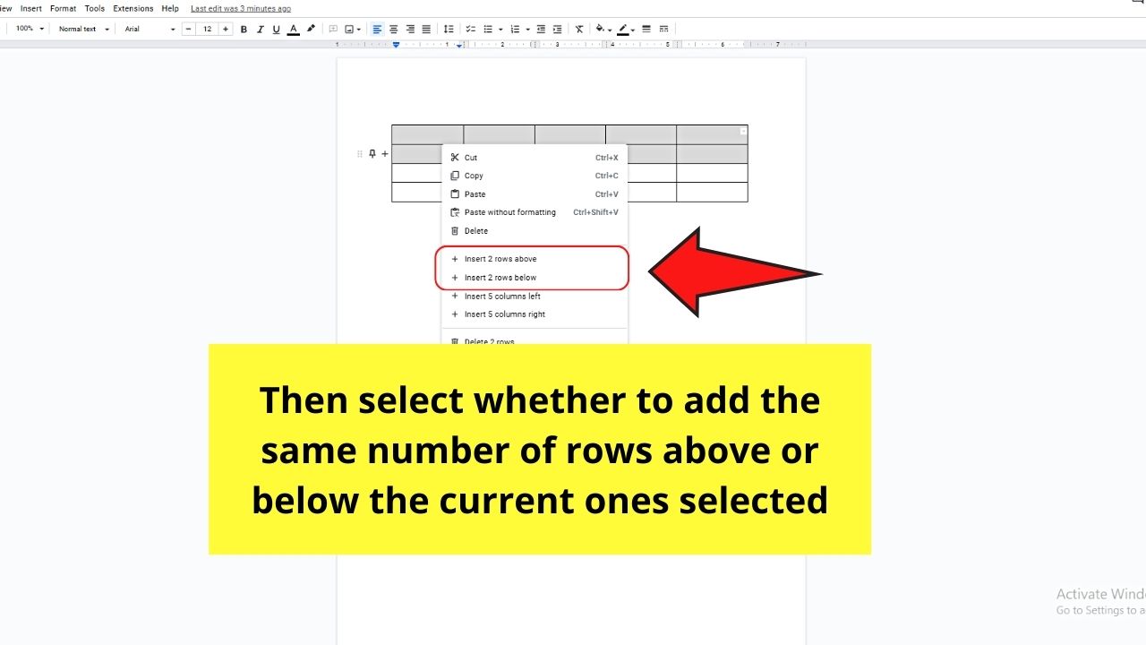 How to Edit Rows in a Table in Google Docs by Adding Rows Step 4.2