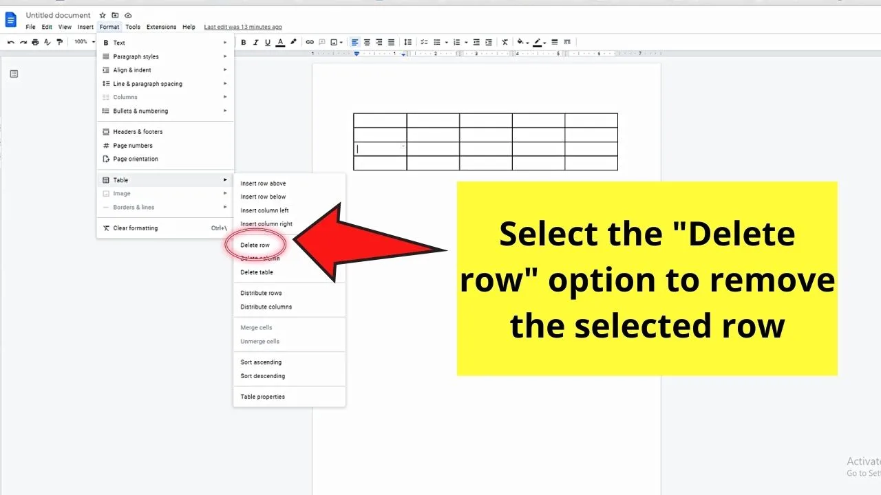 How to Edit Rows in a Table in Google Docs by Deleting Rows Step 2.2