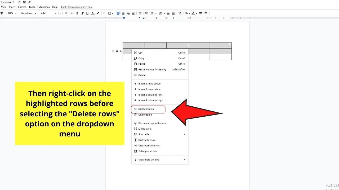 How to Edit Rows in a Table in Google Docs by Deleting Rows Step 4.2