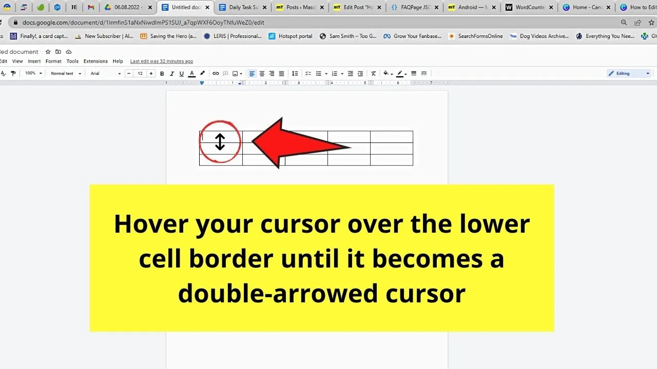 How to Edit Rows in a Table in Google Docs by Making Rows Bigger or Smaller through Manual Resizing Step 1