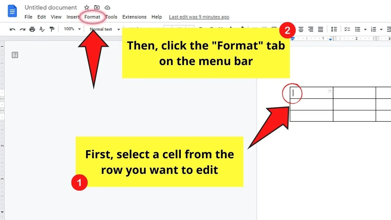 How to Edit Rows in a Table in Google Docs by Making Rows Bigger or Smaller through Table Properties Step 1