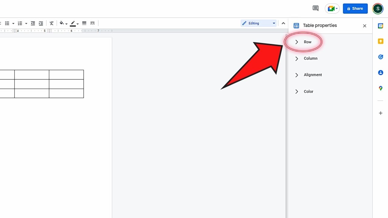 How to Edit Rows in a Table in Google Docs by Making Rows Bigger or Smaller through Table Properties Step 5
