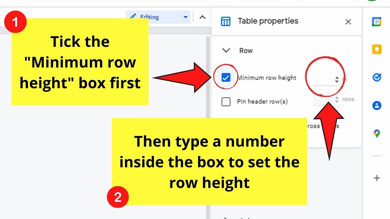 How to Edit Rows in a Table in Google Docs by Making Rows Bigger or Smaller through Table Properties Step 6