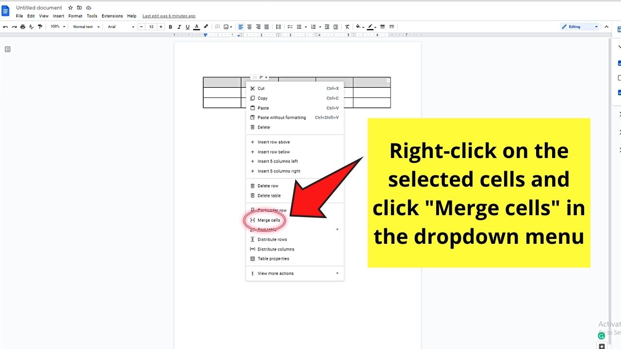 How to Edit Rows in a Table in Google Docs by Merging Cells Step 2.1