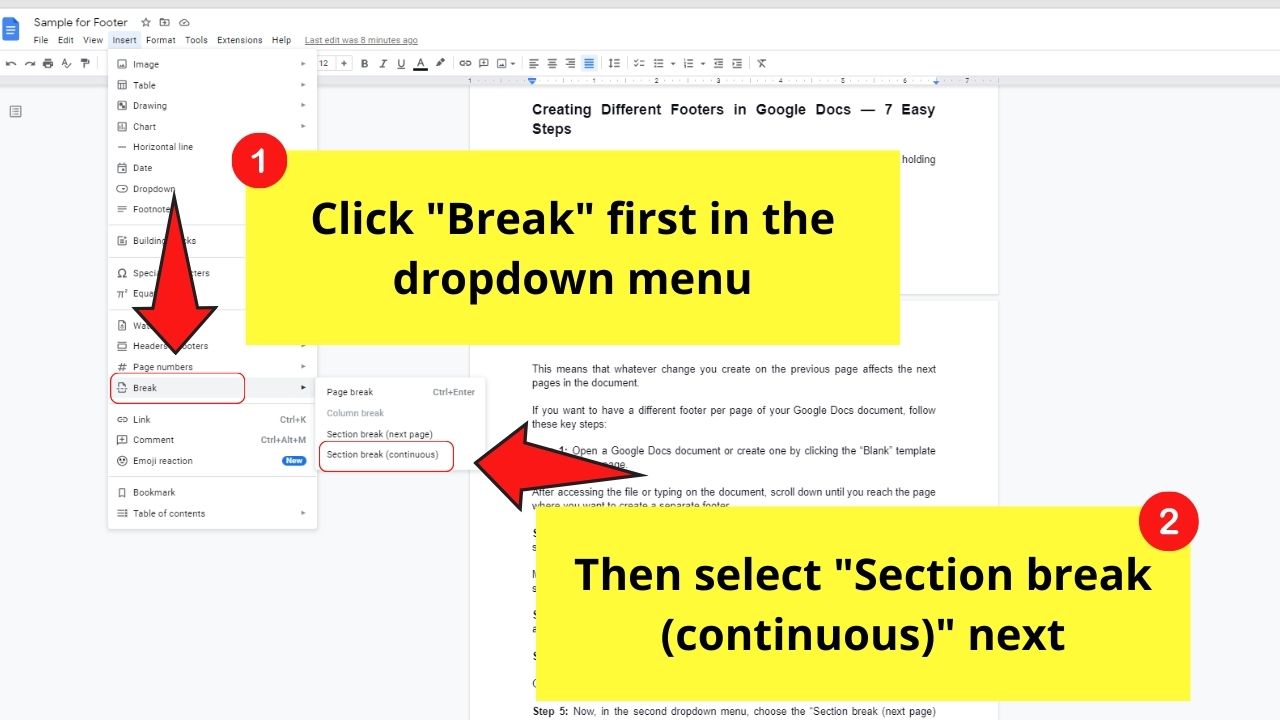 How to Have Different Footers in Google Docs by Customizing Footers Step 1.2