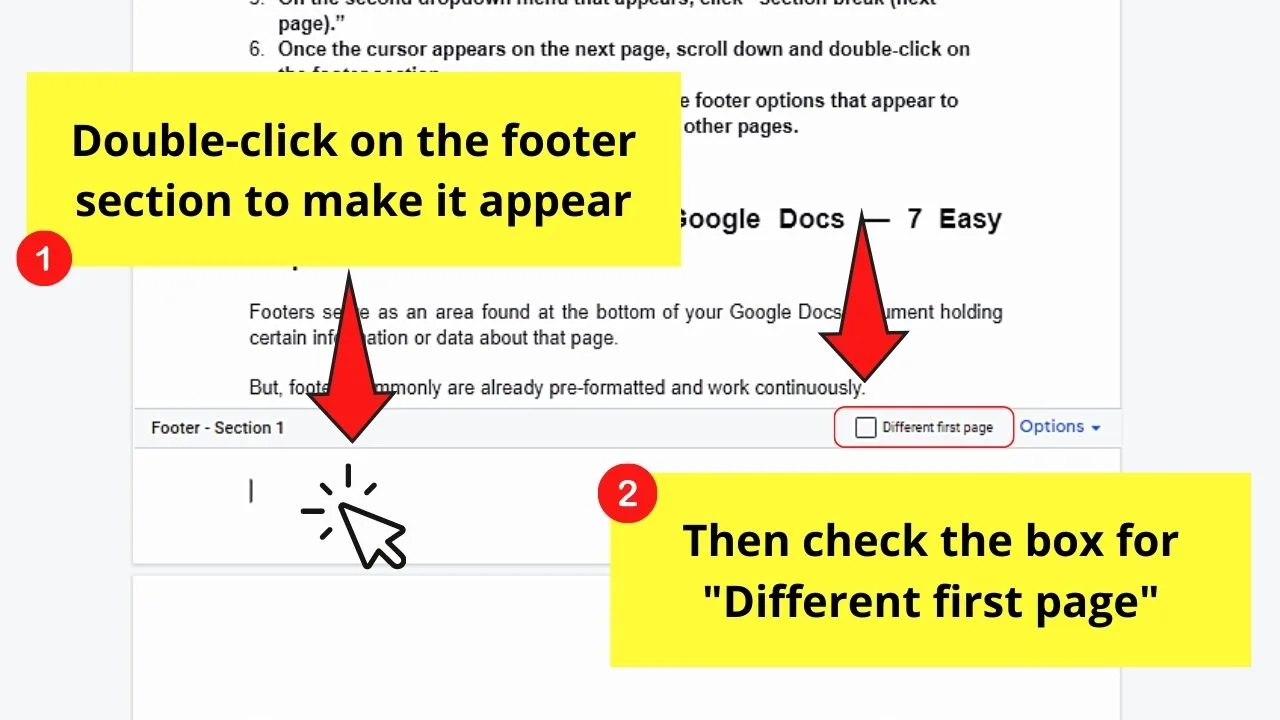 How to Have Different Footers in Google Docs by Customizing Footers Step 2.1