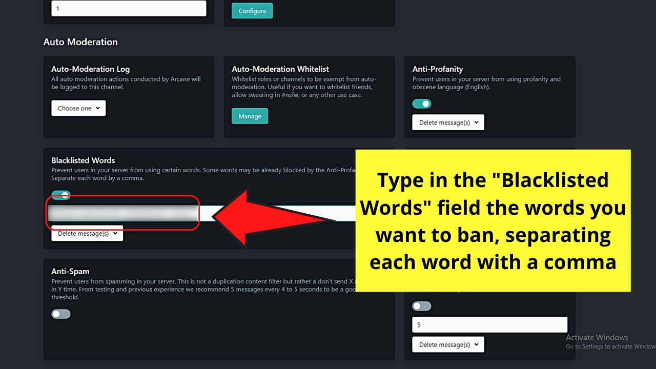 How to Ban Words on Discord by Installing the Arcane Bot Step 5