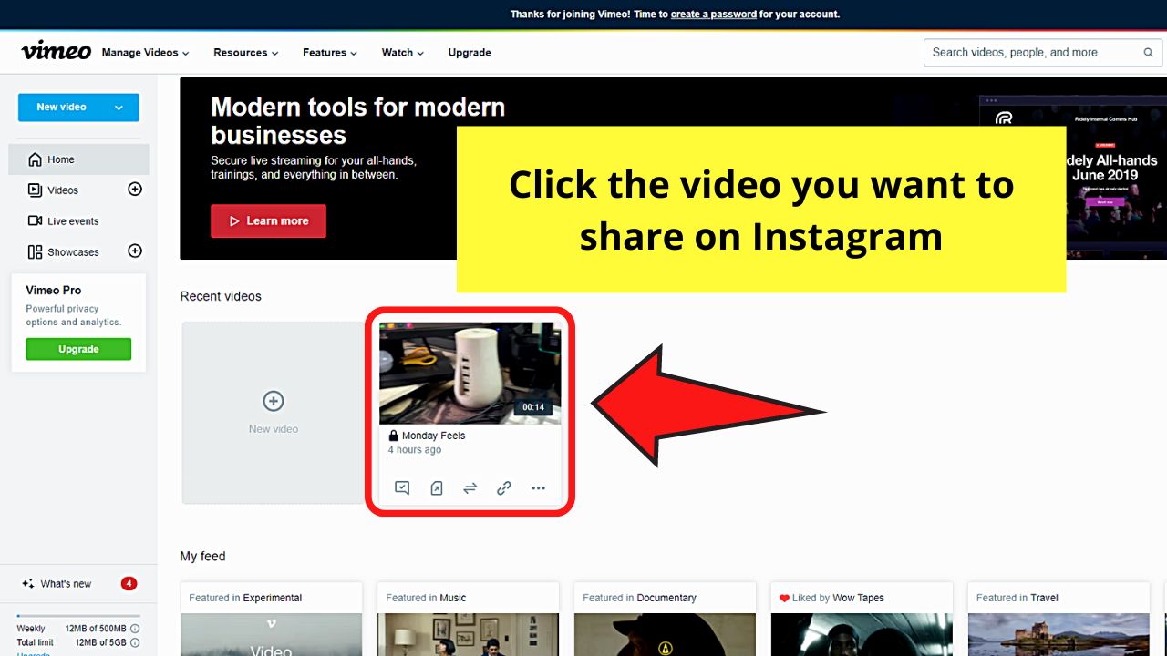 Sharing Own Vimeo Videos on Instagram (Computer) Step 1
