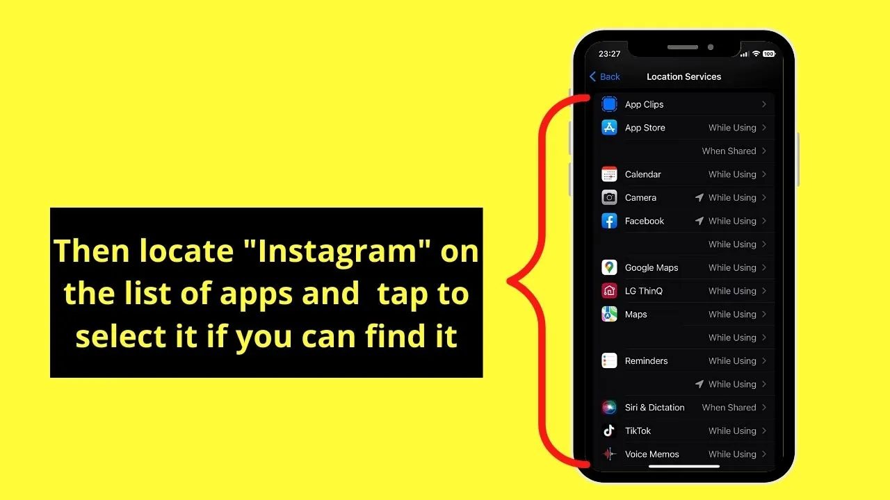 Changing Instagram Location Permission to Use Instagram Filters (iOS) Step 4