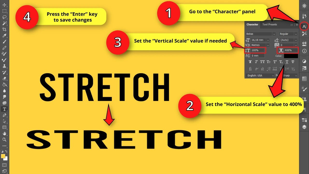 How to Stretch Text Modifying Character Attributes in Photoshop Method 2 Set the Scaling