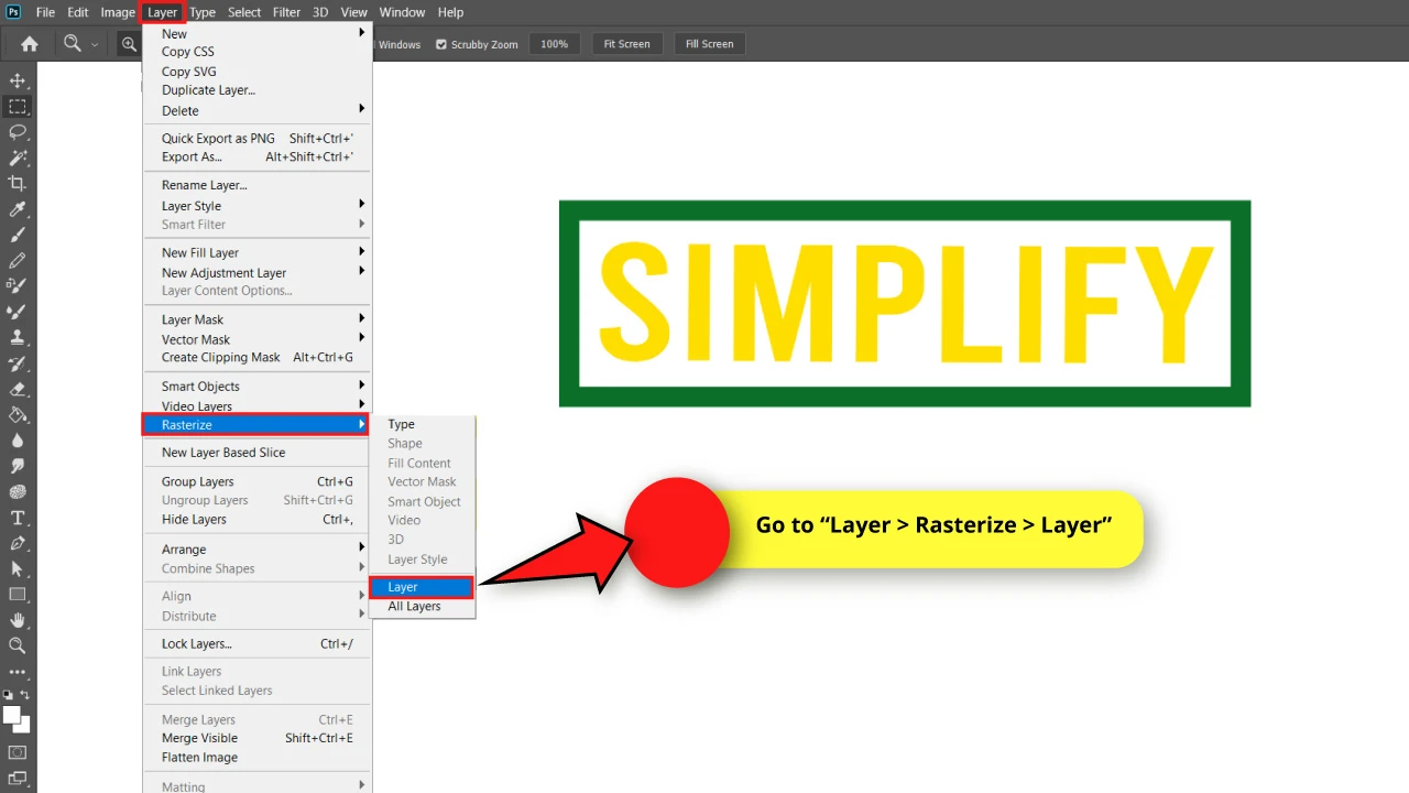 Simplifying a Layer using the “Layer” Option of the Top Menu in Photoshop Step 1