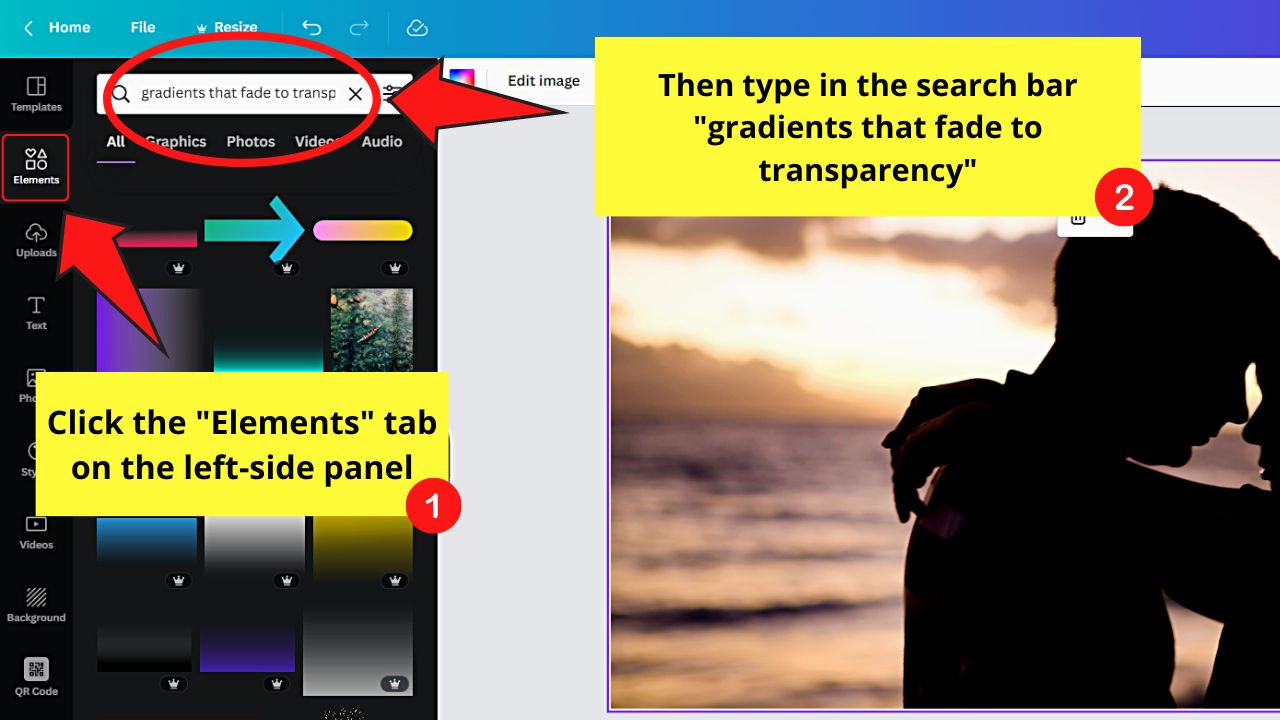 How to Fade an Image in Canva Using a Fade-to-Transparent Gradient Step 3.1