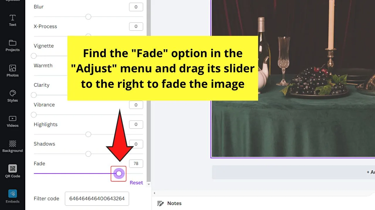 How to Fade an Image in Canva by Using the Fade Slider in Adjust Settings Step 6