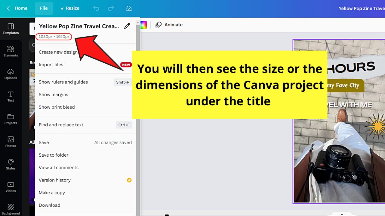How to Know the Size in Canva by Checking the File Tab Step 3