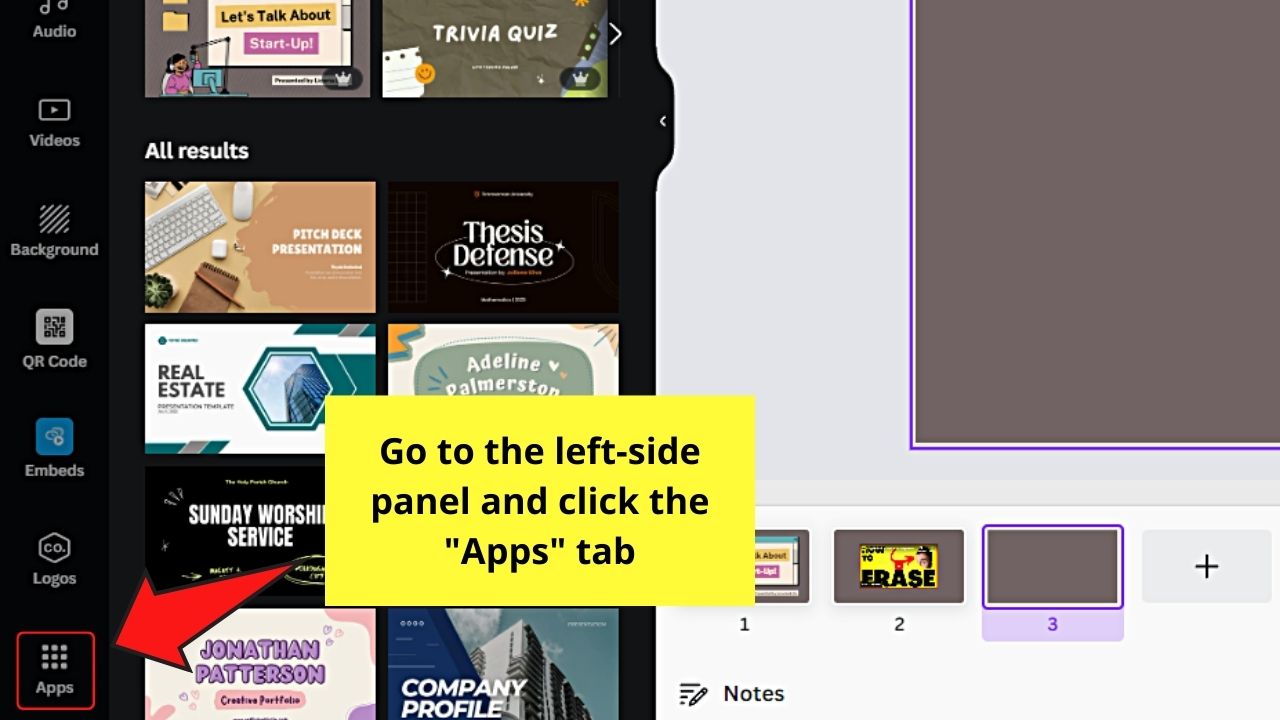 How to Put a Youtube Video into Canva by Adding the YouTube App from the Apps Tab Step 1