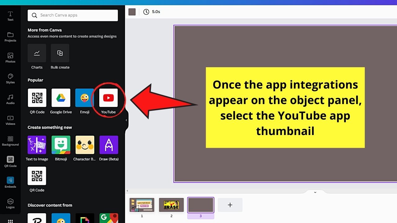 How to Put a Youtube Video into Canva by Adding the YouTube App from the Apps Tab Step 2