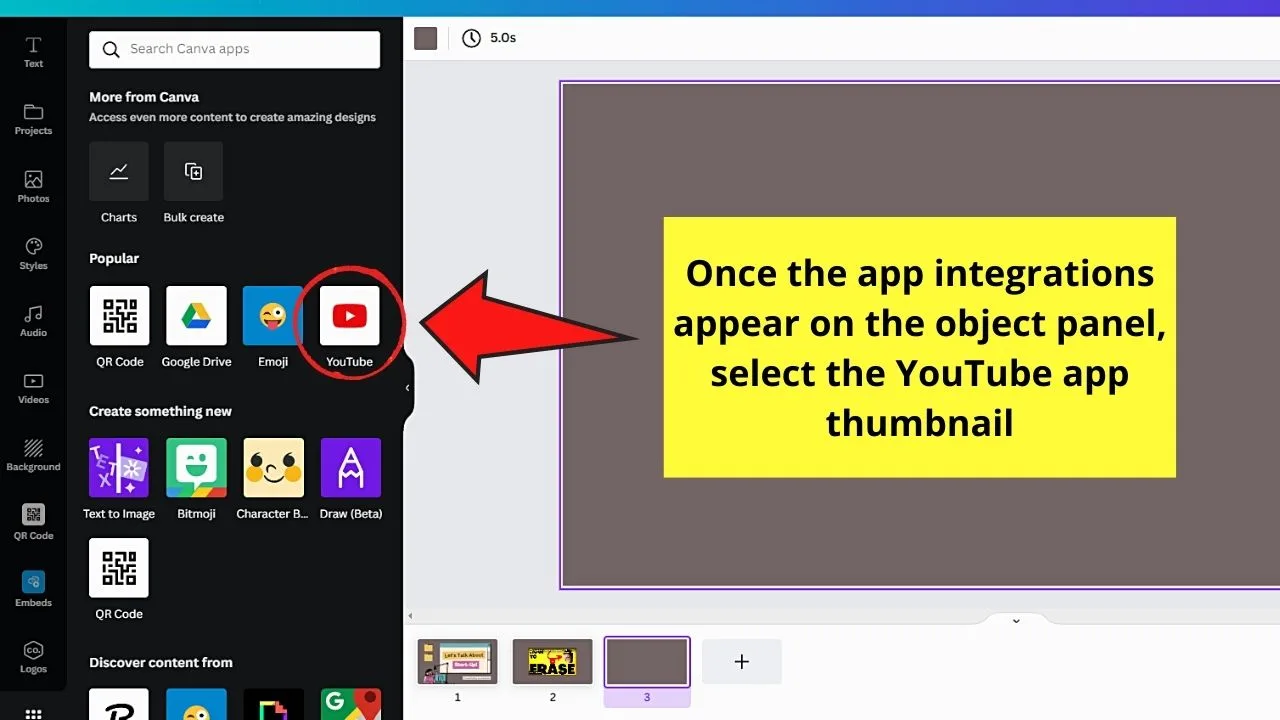 How to Put a Youtube Video into Canva by Adding the YouTube App from the Apps Tab Step 2