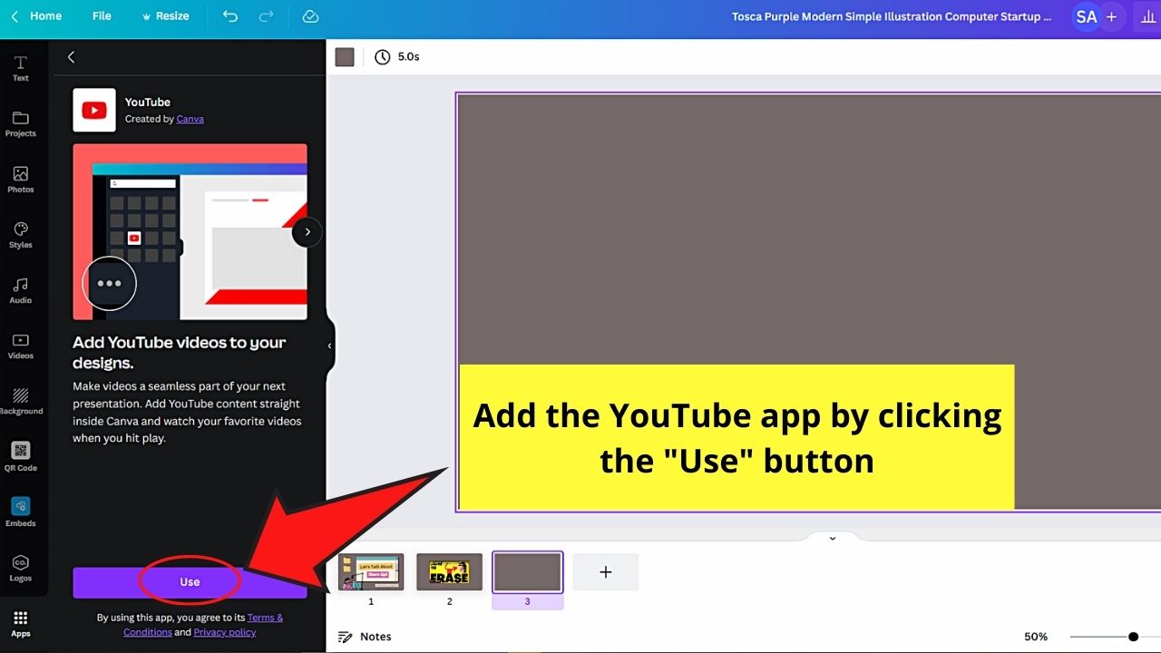 How to Put a Youtube Video into Canva by Adding the YouTube App from the Apps Tab Step 3