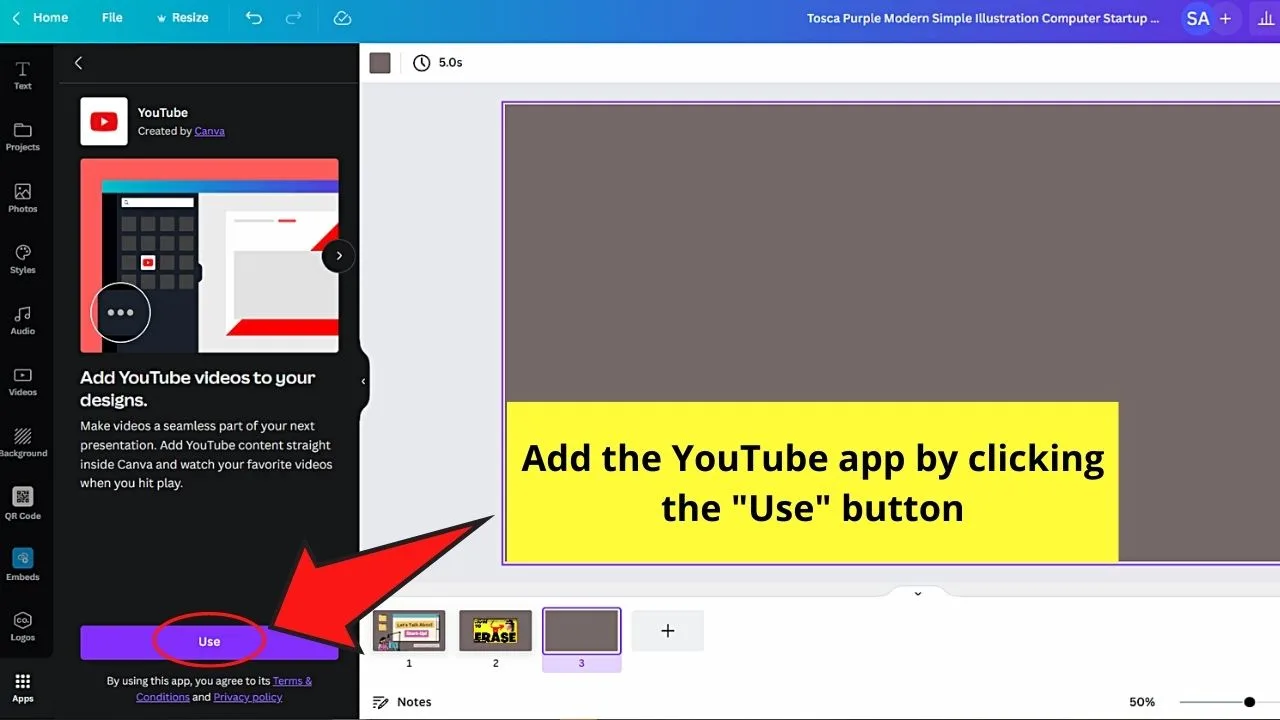 How to Put a Youtube Video into Canva by Adding the YouTube App from the Apps Tab Step 3