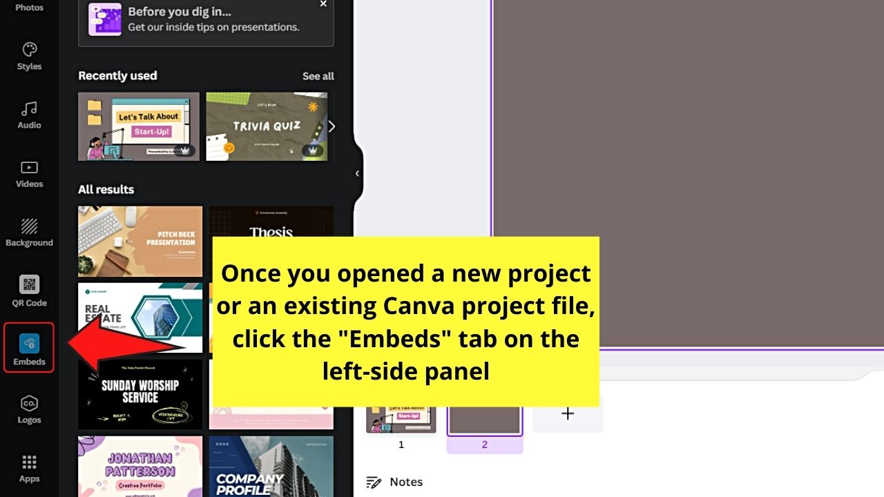 How to Put a Youtube Video into Canva by Clicking Embeds Step 1