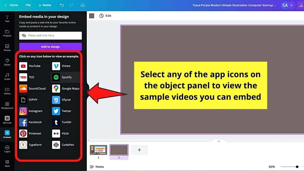 How to Put a Youtube Video into Canva by Clicking Embeds Step 2