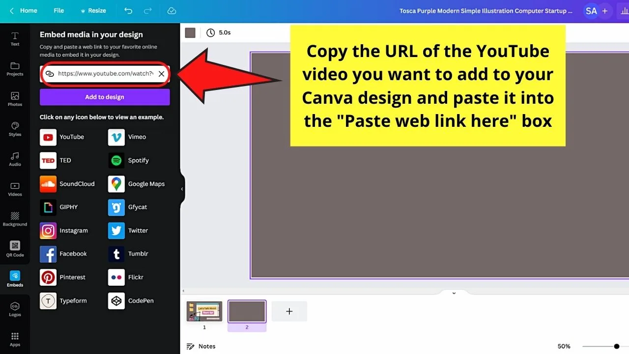 How to Put a Youtube Video into Canva by Clicking Embeds Step 2