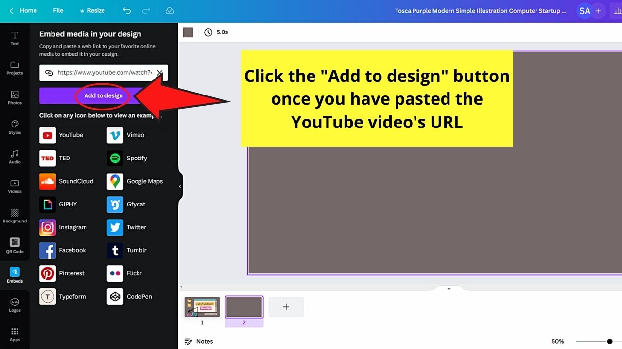 How to Put a Youtube Video into Canva by Clicking Embeds Step 3