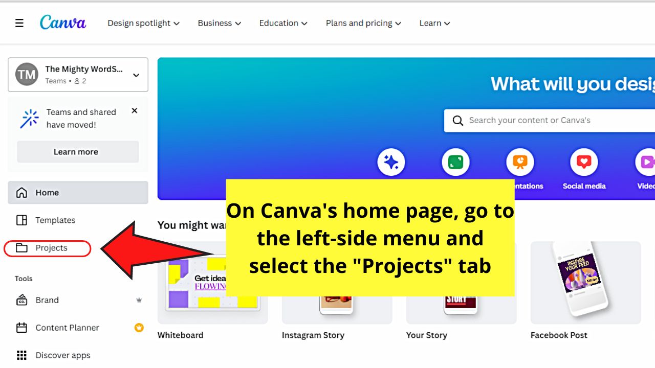 How to See Shared Templates in Canva by Clicking the Projects Tab Step 1