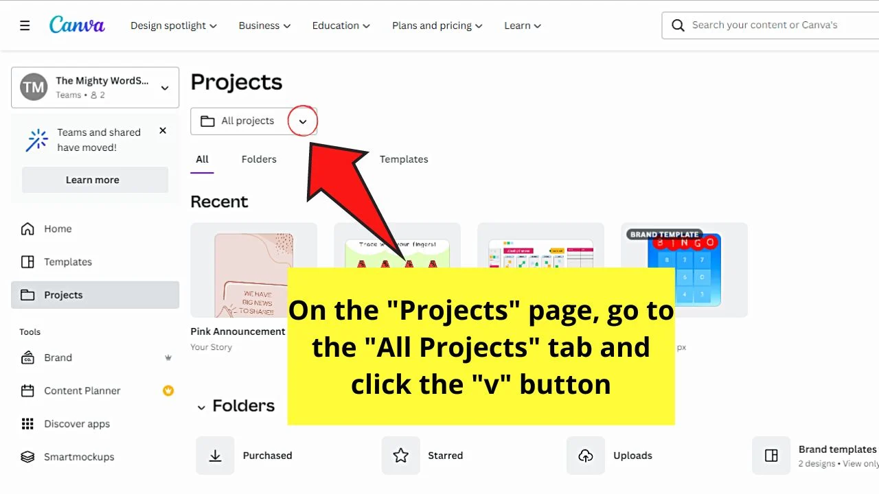 How to See Shared Templates in Canva by Clicking the Projects Tab Step 2
