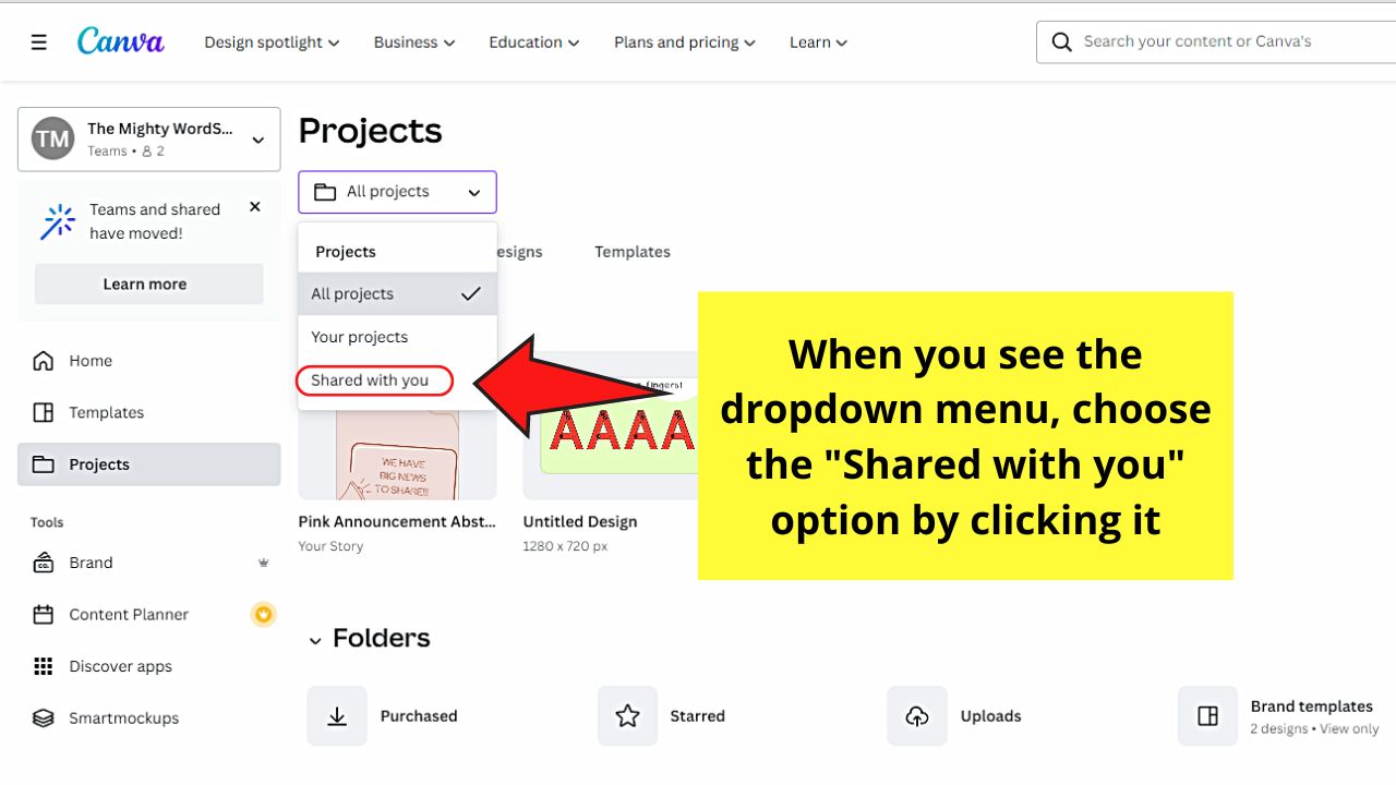 How to See Shared Templates in Canva by Clicking the Projects Tab Step 3