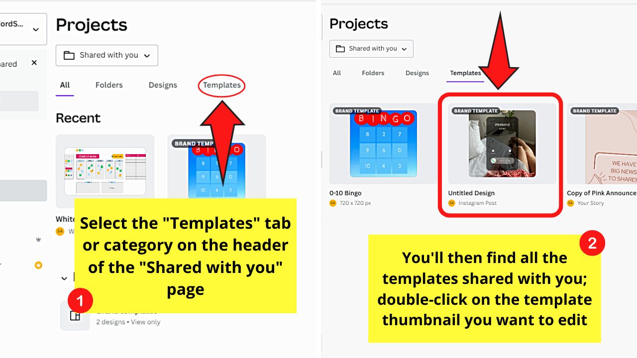How to See Shared Templates in Canva by Clicking the Projects Tab Step 4
