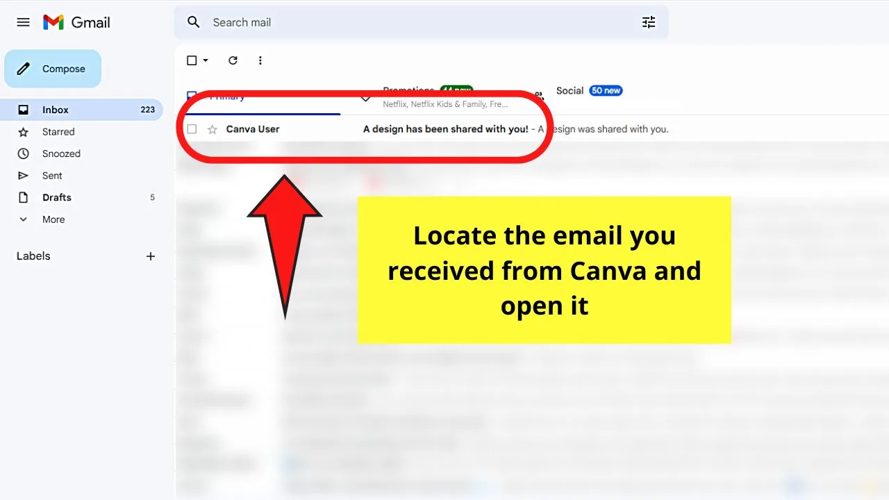 How to See Shared Templates in Canva by Opening the Email Receipt from Canva Step 1